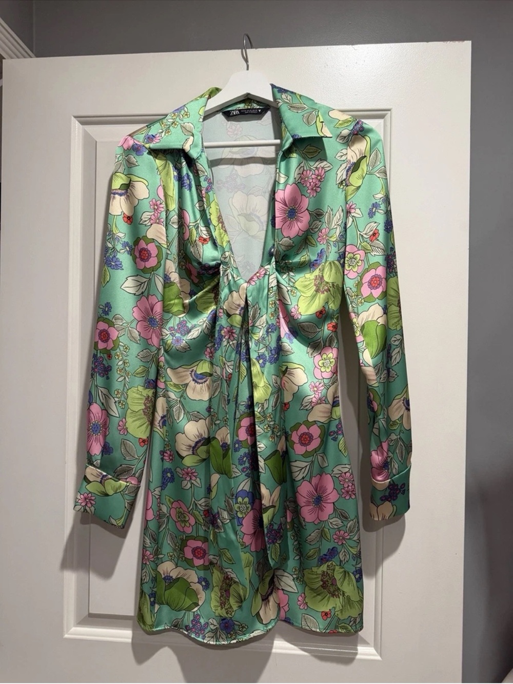 Zara Floral Satin Mini Dress in Mint, Pink, Green